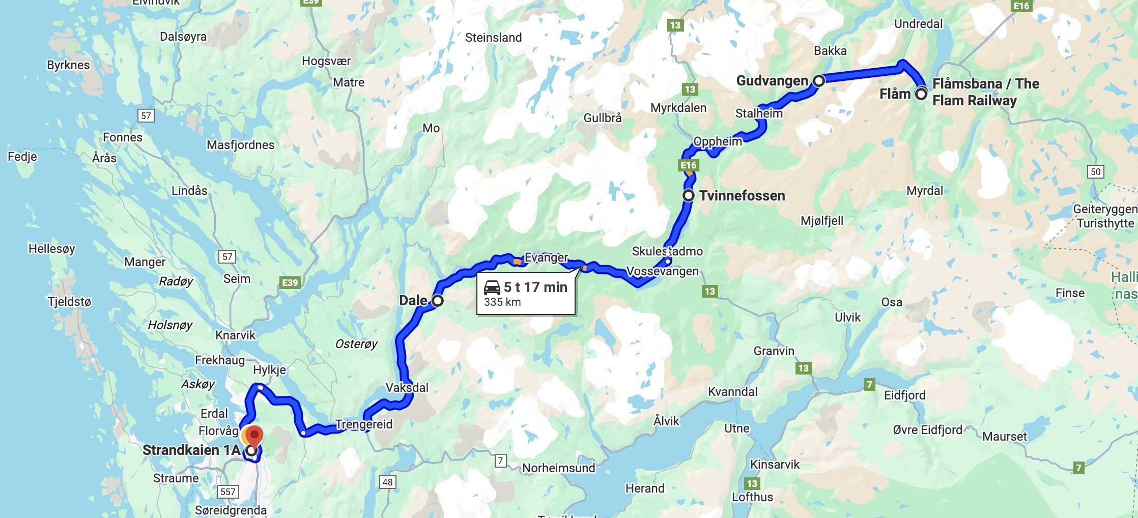 Kart over Winter tour Flåm Railway