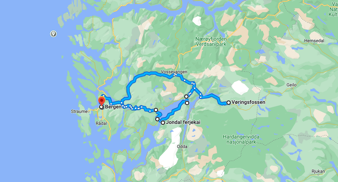 Map Vøringsfossen Tour