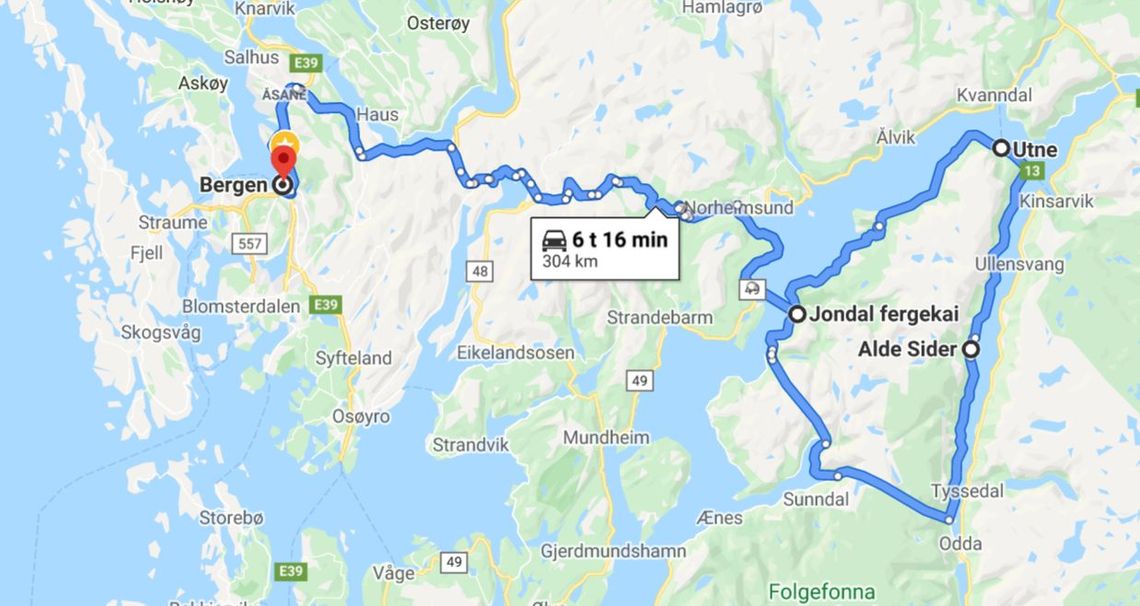 Kart over ruten til Hardanger tur